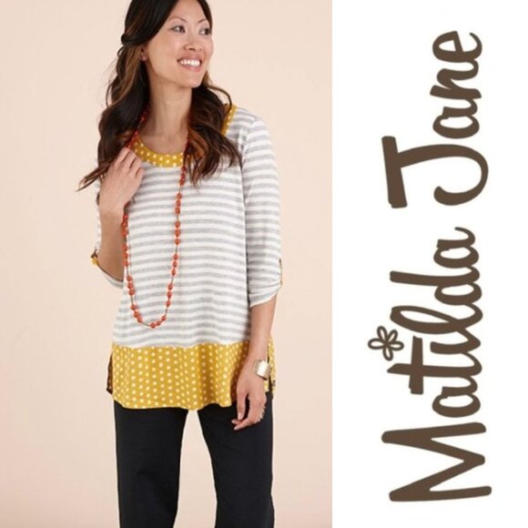 Matilda Jane | Gray & Yellow Oracle Tunic Top Stripes & Polka Dots | Size Medium - Picture 1 of 11
